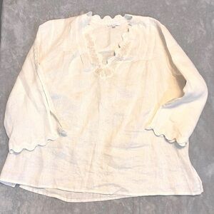 Women's Calme Johnny Was 100%‎ Linen Cream Blouse with Scalloped Edges V Neck